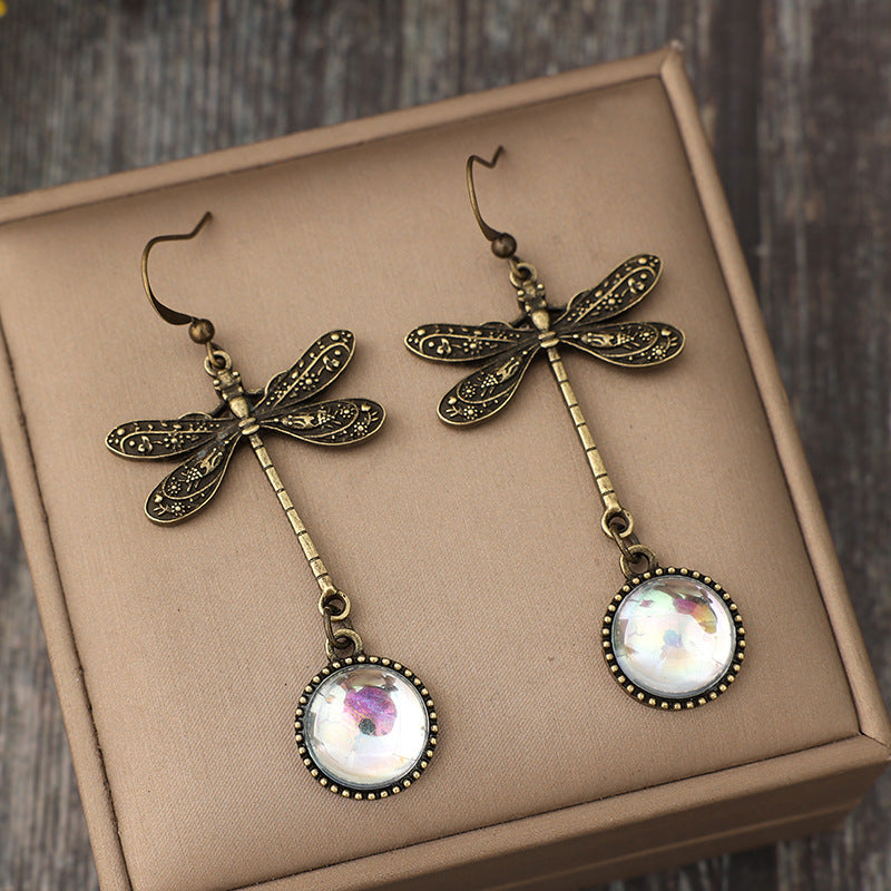 Wholesale Retro Dragonfly Stitching Colored Stone Bohemian Style Long Alloy Earrings